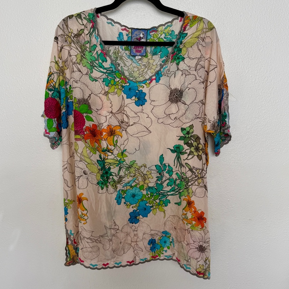 Johnny Was Sequence Halsey Top XL Cream 100% Silk Floral Scalloped Blouse Tunic - Picture 10 of 10